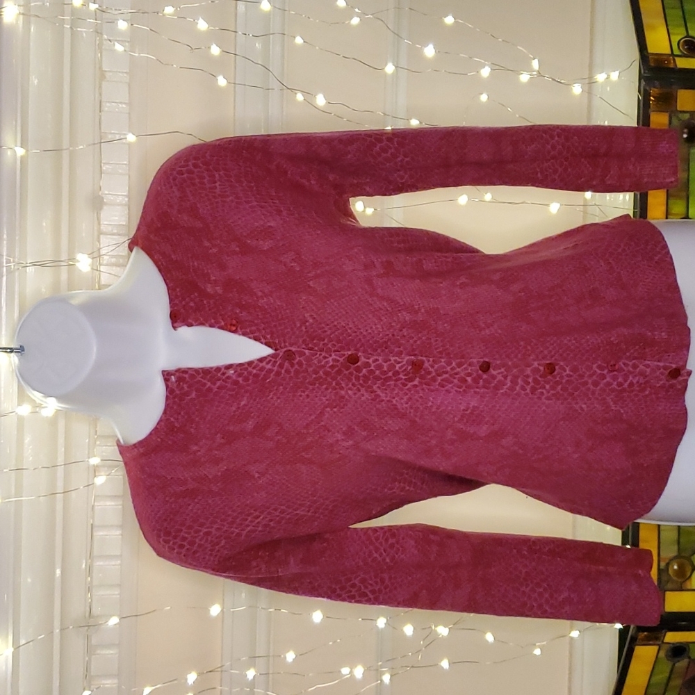 Vintage EXPRESS 3/4 sleeve magenta/pink cardigan w/ subtle snake pattern, size M